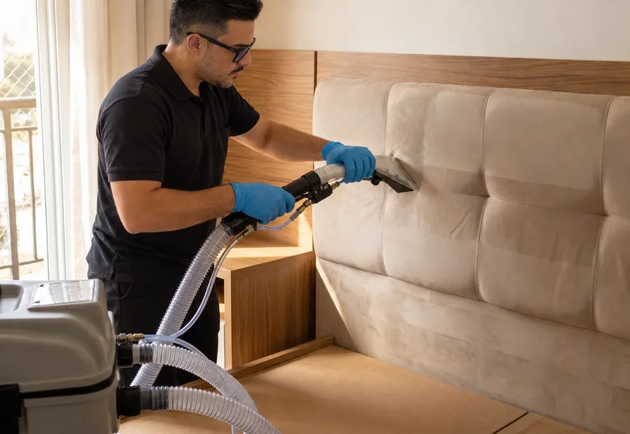 Técnico da Lava Tudo VIP aplicando a proteção em uma cabeceira estofada no quarto de casal