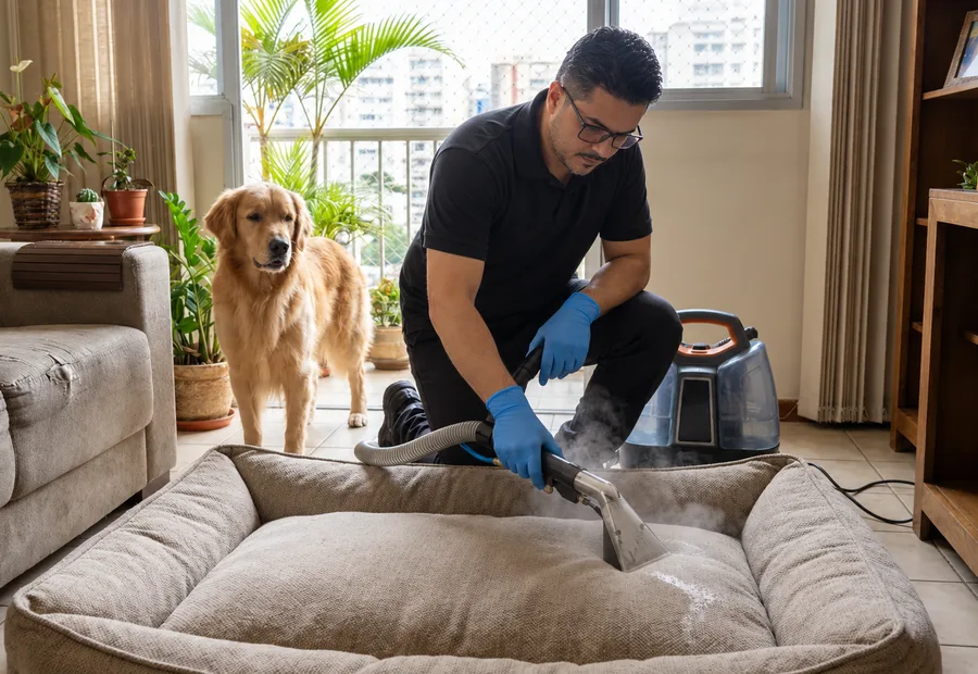 Técnico da Lava Tudo VIP trabalhando em uma cama de pet e em um sofá de casa com animais