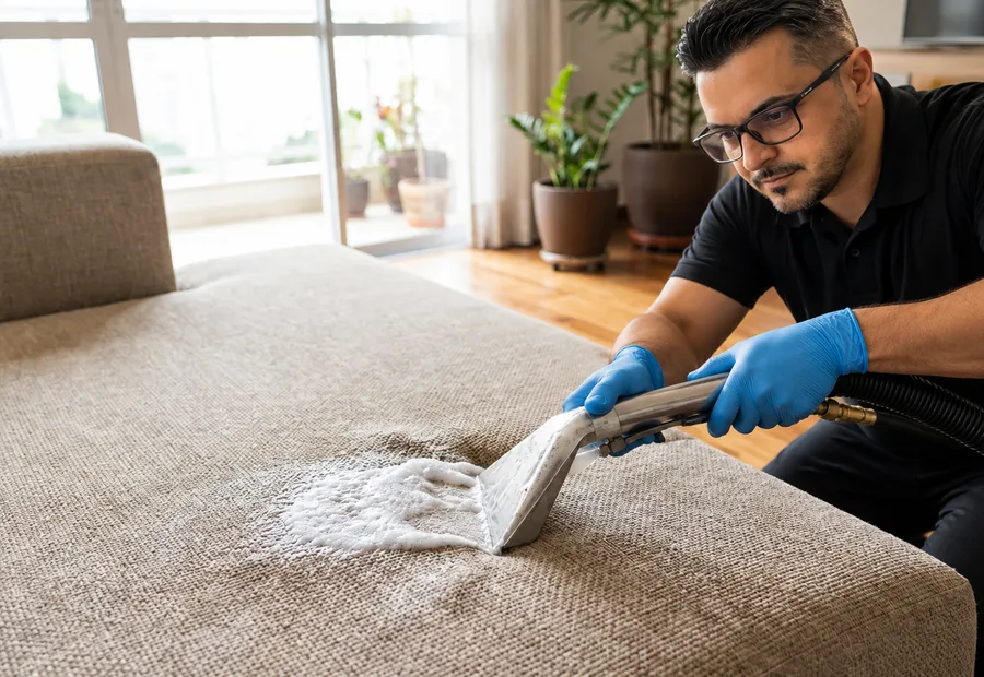 Técnico da Lava Tudo VIP aplicando a proteção em uma chaise de tecido na sala