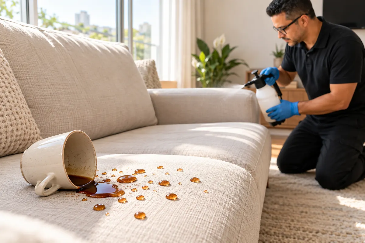 Café derramado formando gotas sobre sofá impermeabilizado, com o técnico ao fundo