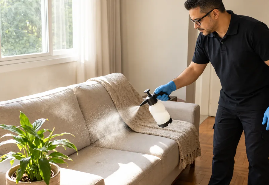 Técnico aplicando a proteção no tecido de um sofá durante a impermeabilização